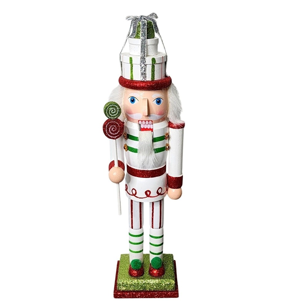 Red Green Glitter Candy King Guard Nutcracker Christmas Presents Wooden 14.5"